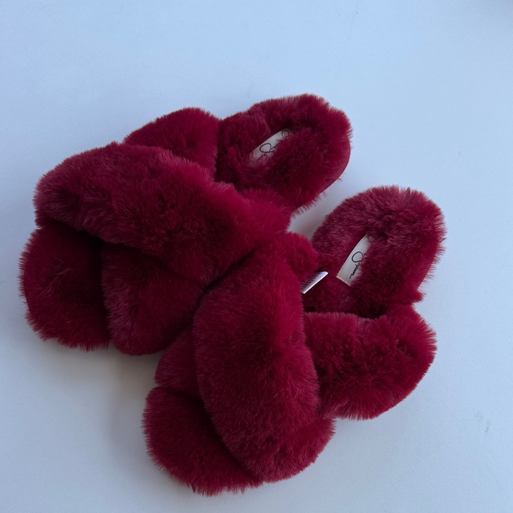 Jessica Simpson Plush Crisscross Slide Slippers in Deep Burgundy